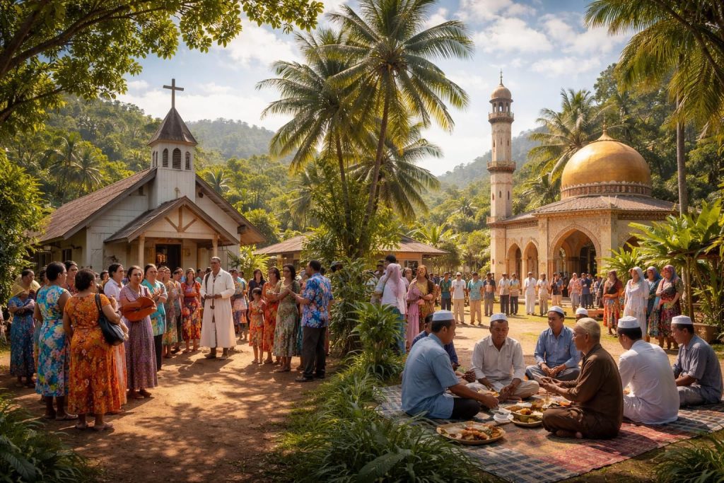 analisi culturale delle comunità cristiane e musulmane situate tra le latitudini 8-13 sud e longitudini 130-55 est, esplorando le loro tradizioni e interazioni.
